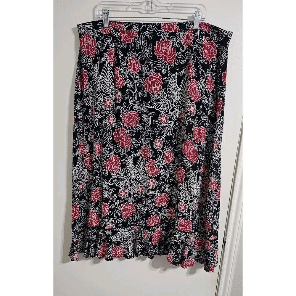 Napa Valley Floral Midi Skirt Women 2X Red Black Pull On Side Zipper Boho Hippie